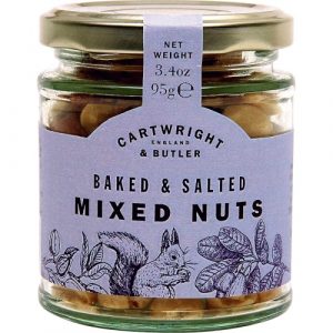 A reusable jar filled with a mix of baked and salted cashews, almonds, and hazelnuts. Ideal for vegans and those on gluten-free diets, perfect as a gift